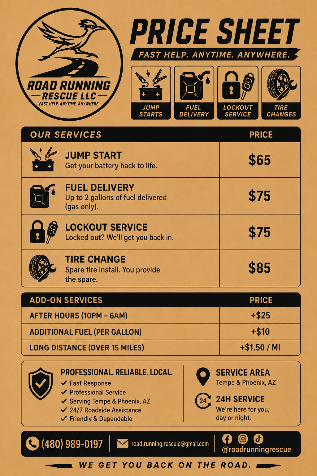 Road Running Rescue price sheet